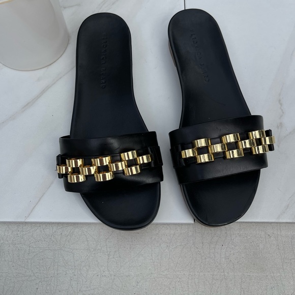 Veronica Beard ENI black Chain-Trimmed Leather Slides Gold hardware size 7 - Picture 6 of 14